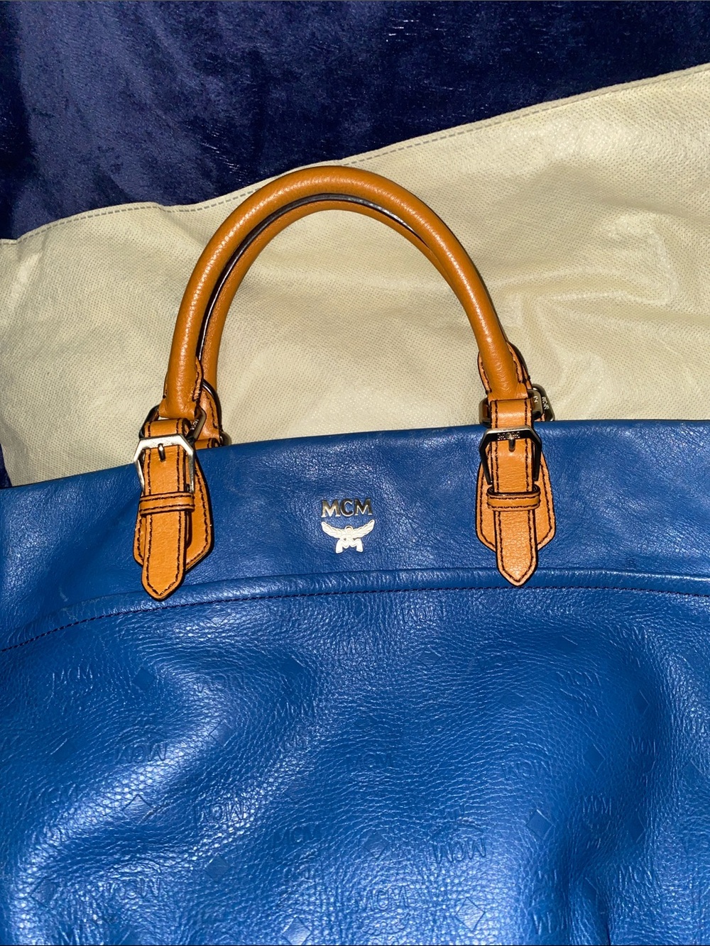 MCM Visetos Logogramme Blue Leather Satchel with Tan Handles and Gold Hardware - Picture 4 of 14